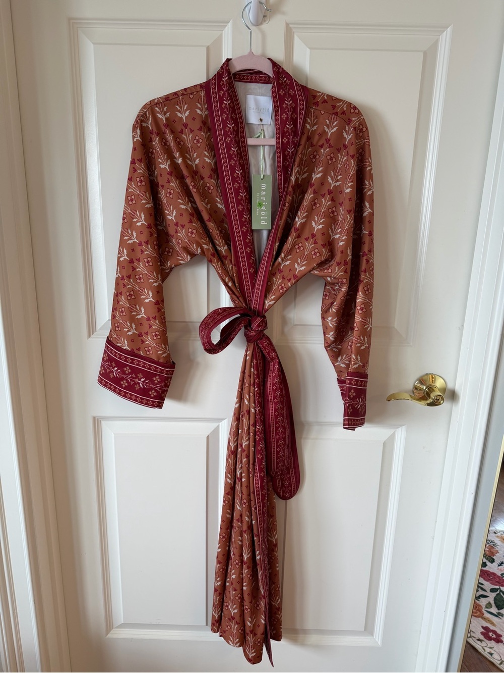 Marigold by Victoria Dunn Women's Floral Satin Robe in Rust with Burgundy Trim